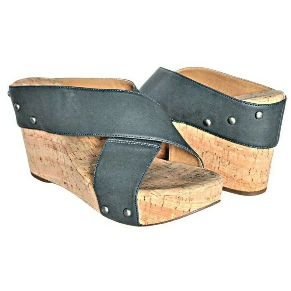 Wedges Sandals Cork Brad Studded X-Band Platform Steel Mykala Blue Women's  9.5